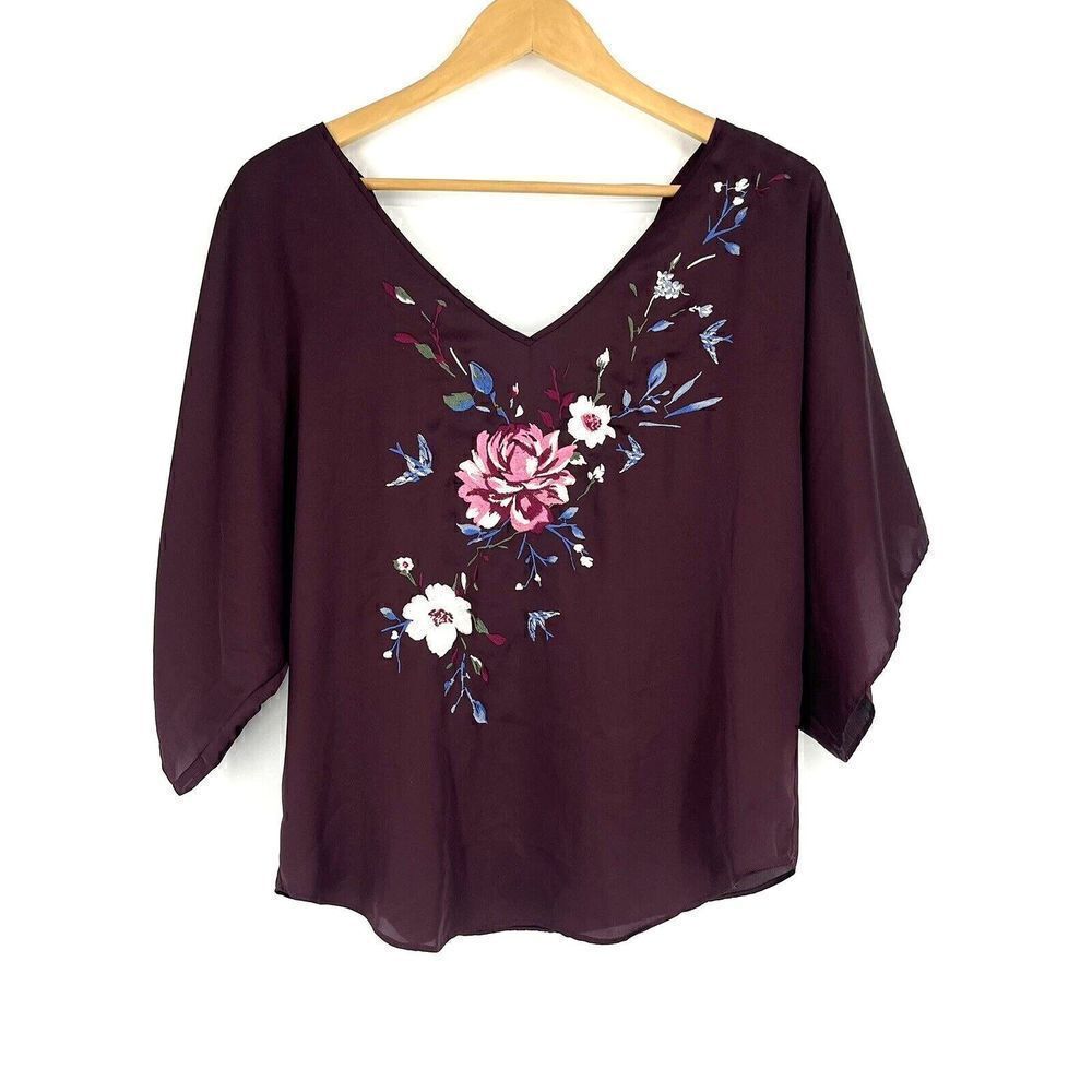 WHBM White House Black Market Top Size XS Womens Purple Floral Kimono Blouse